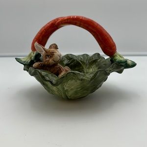Ceramic Bunny Rabbit in Cabbage Basket with Carrot Handle